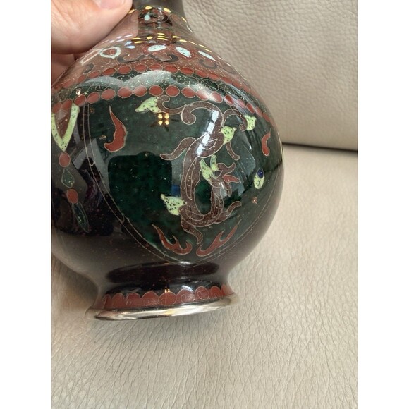 Japanese CLOISONNE Bud Vase Red Brown Gold Fleck Phoenix Bird Kyoto Butterfly - Picture 9 of 16